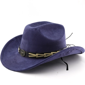 Deep blue suede western cowboy hat with leather band and vintage metal bull head logo