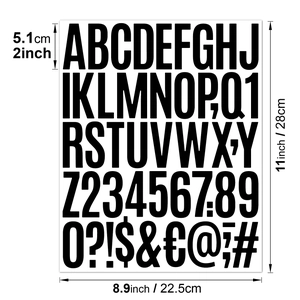 Close-up of black 2-inch letter and number stickers with 5.1cm height dimension details