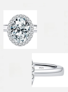 Macro detail of oval zircon halo setting and S925 engraving on sterling silver ring