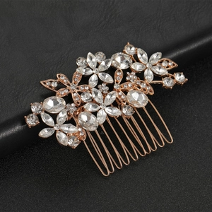 Exquisite gold bridal hair comb with flower patterns and sparkling clear crystals