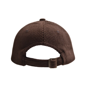 Close-up of brown corduroy baseball cap back with adjustable brass metal buckle closure