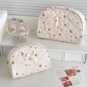 Quilted brown bear makeup bag set with cute panda patterns and decorative silk bows