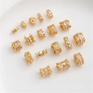Spacer Beads Copper 14K Gold Plated Zircon Crown Hollow Flower Lace Large Hole Jewelry Making Charms DIY Accessories