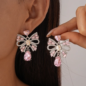 Boucles D'oreilles Nœud Papillon Goutte Rose Alliage Strass Avec Tige En Argent Sterling 925 Bijoux Vintage Femmes