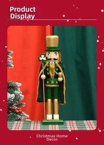 Close-up of Irish Nutcracker with green clover scepter and velvet cape for holiday decor