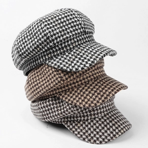 Vintage Houndstooth Newsboy Cap Women Woolen Tweed Octagonal Hat Retro British Style Autumn Winter Warm Headwear
