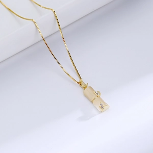 S925 sterling silver gold plated necklace featuring a cat eye stone bamboo pendant with rhinestones