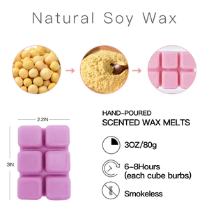 Macro view of purple natural soy wax melts showing 3oz weight and 3-inch dimensions