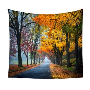 Detail of autumn forest path tapestry featuring vibrant red and golden maple trees