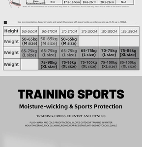 Size chart for breathable half-finger sports gloves with palm measurement and weight guide