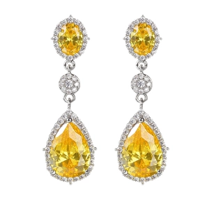 Luxurious yellow teardrop zircon dangle earrings in 316 stainless steel with silver finish