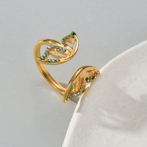 Exquisite gold butterfly open ring with colorful zircon stones on ceramic edge