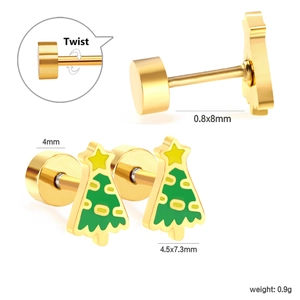 Christmas tree stainless steel stud earrings in gold with green enamel and screw back