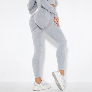 Detail showing acid wash seamless yoga leggings with breathable mesh and scrunch butt design