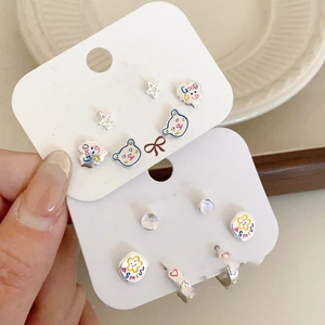 Silver-plated colorful stud earrings set featuring star, heart, and flower enamel designs
