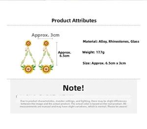 Detail specifications of sunflower bee drop earrings with dimensions and material info