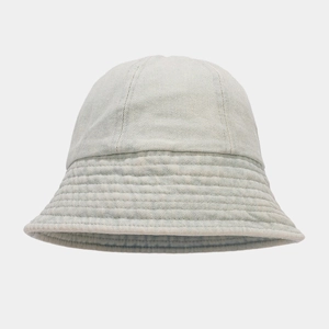 Detailed view of grey washed denim bucket hat with decorative stitching and twill texture