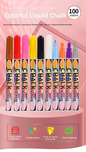 Set of 10 colorful liquid chalk markers with 0.7mm bullet tips on pink display stand