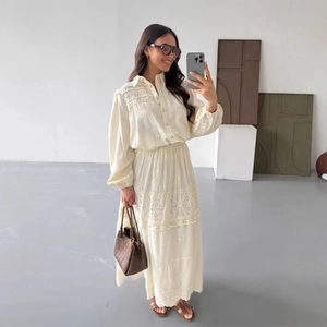 French style lace patchwork shirt and tiered maxi skirt two-piece set in creamy white
