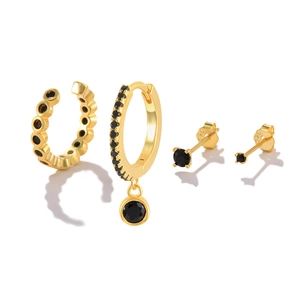 Detailed set of S925 sterling silver gold earrings with black round gemstone studs