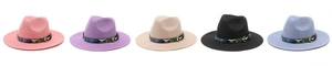 Detail view of breathable straw sun hats in five colors with geometric patterned bands