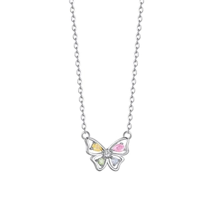 Elegant S925 sterling silver butterfly necklace with colorful zircon wings on white background