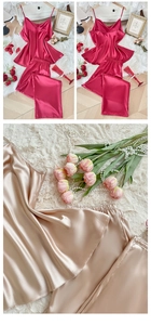 Detail of red and champagne satin pajama sets with V-neck camisole and long pants