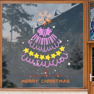 Pink Christmas tree window decals with Merry Christmas text for festive glass decoration