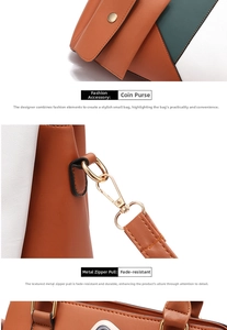 Detail of color-block leather bag featuring golden hardware and detachable coin purse