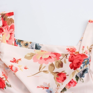 Romantic French floral print long dress with draped square neckline and ruffled sleeves