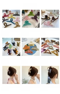 Detail view of thickened 15cm tortoise shell hair claws and floral clips in a 3x3 grid