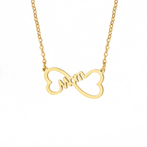 Golden stainless steel MOM infinity heart necklace for mother on white background
