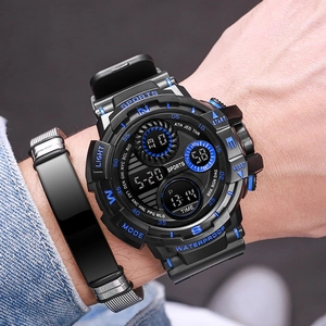 Waterproof digital sports watch with black casing and blue accents worn on wrist