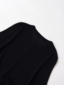 Detail of a black knit sweater featuring a round neckline and fine textured fabric