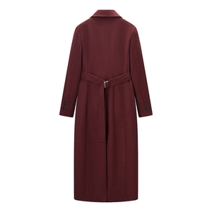 Detail view of burgundy wool coat back with waist belt and decorative cuff buttons