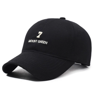 Black cotton baseball cap with white number 7 embroidery and curved brim in 45-degree view