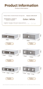 Detailed size specifications for stackable white desktop drawers in multiple compartments