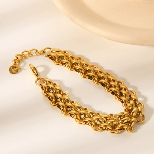 Minimalist 18K gold plated stainless steel chain bracelet with link design and logo tag