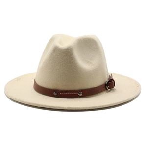 Elegant cream wool fedora hat with flat wide brim and brown leather band detail