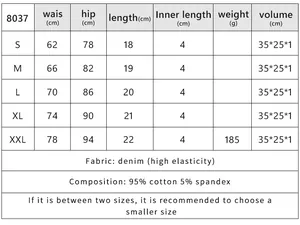 Größentabelle für High-Waist-Stretch-Denim-Shorts mit Maßen und Materialangaben