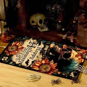 Detail of Halloween absorbent mat with sunflower, skull, and Happy Halloween text