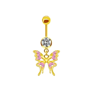 Detailed close-up of a gold belly ring featuring a pink zircon butterfly pendant