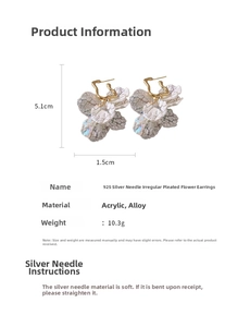 Detail showing acrylic pleated flower earrings with 925 silver needles and gold plating