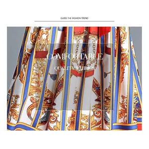 Short sleeve maxi dress with vintage baroque prints and stripes in luxury satin fabric