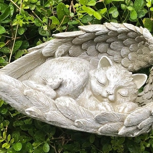 Resin cat statue garden ornament with wings and small bird in stone finish