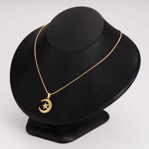 Gold stainless steel crescent moon and star pendant necklace with cubic zirconia stone