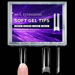 Close-up of 240pcs clear soft gel nail tips in 12 sizes with smooth matte square finish