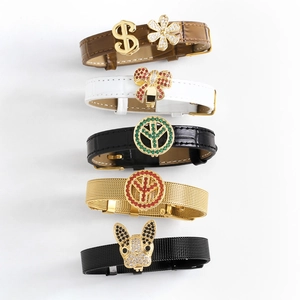 Mode-Charm-Armband-Set mit Leder- und Netzarmbändern und bunten Zirkon-Anhängern