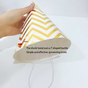Gold striped birthday party cone hat with secure elastic strap and T-clasp design