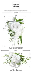 Detailed size view of white artificial rose boutonniere and pearl wrist corsage set